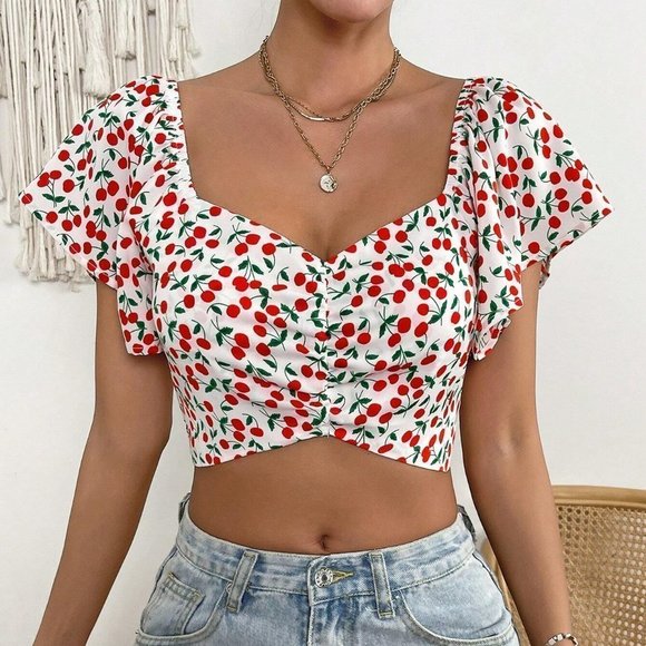 White Boho Womens Allover Cherry Print Off Shoulder Crop Blouse - Picture 4 of 5